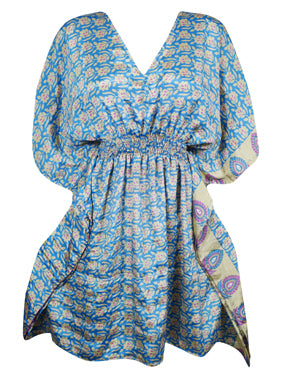 Women Beach Kaftan Dress Blue, White Floral Short Summer Dresses, SML