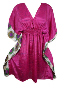  Women Beach Kaftan Dress Bright Pink Floral Short Summer Dresses, One size