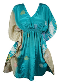  Boho Chic Turquoise Kaftan Recycle Silk Tunic Caftan, Coverup, One size