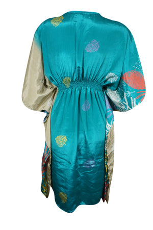 Boho Chic Turquoise Kaftan Recycle Silk Tunic Caftan, Coverup, One size