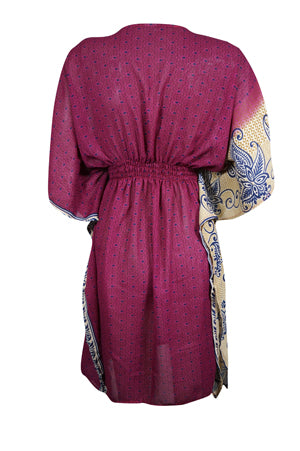 Women Beach Kaftan Dress, Magenta Floral Short Summer Dresses, One size