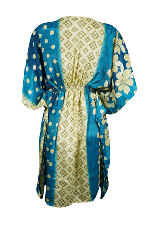 Stylish Blue Floral Kaftan, Recycle Silk Tunic Kaftan, Boho dress One size