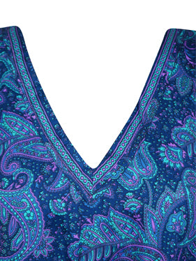 Short Kaftan Dark Blue Paisley Silk Tunic Kaftan, Boho Coverup Caftan, Onesize