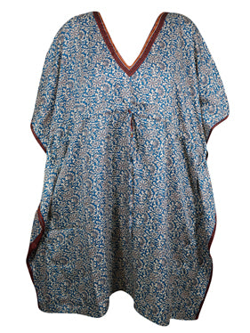 Stylish Short Kaftan Blue Floral Tunic Kaftan, Boho beach Coverup dress, Onesize