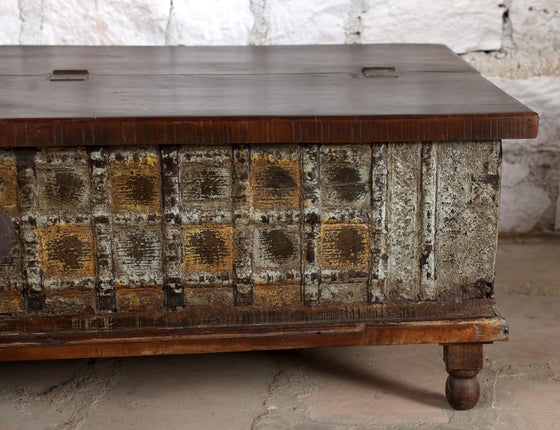 Antique Bridal Trunk Brass Patina Rustic Carved Blanket Chest Coffee Table