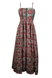  Womens Strappy Maxidress, Red Floral Summer Recycled Silk Dress, S/M