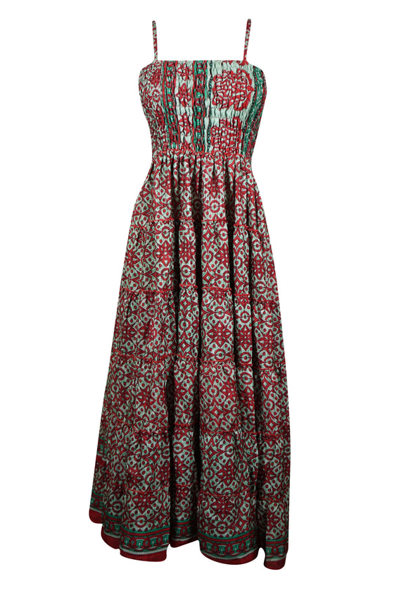 Womens Strappy Maxidress, Red Floral Summer Recycled Silk Dress, S/M