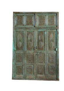  Antique Carved Door Green Patina Sunrays Carved Teak Double Doors