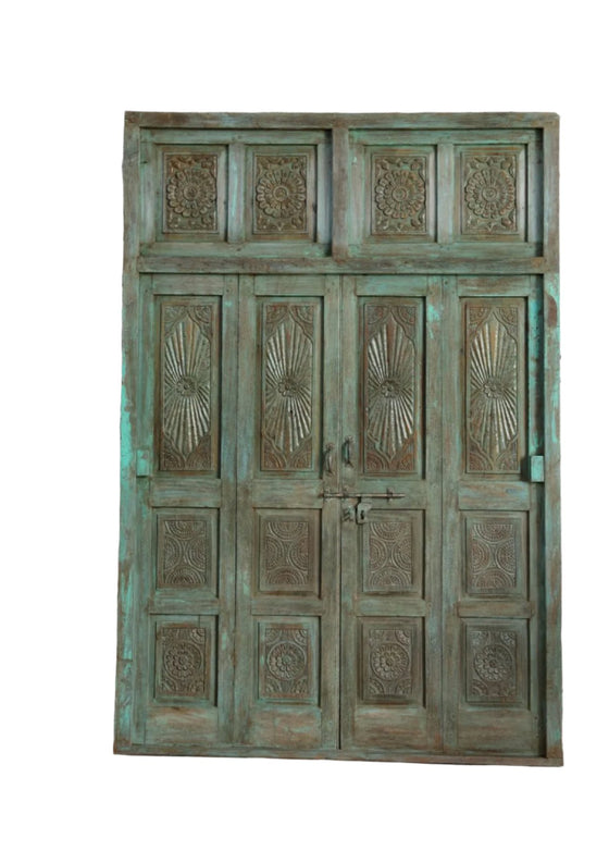 Antique Carved Door Green Patina Sunrays Carved Teak Doors 98x69