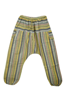  Boho Hippie Pant, Blonde Yellow Cotton Baggy Handmade Stripe Harem Pants, S/M/L