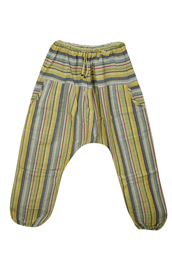 Boho Hippie Pant, Blonde Yellow Cotton Baggy Handmade Stripe Harem Pants, S/M/L