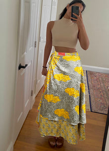  Women Pineapple Yellow Tribal Printed Silk sari wrap skirt Gift One size