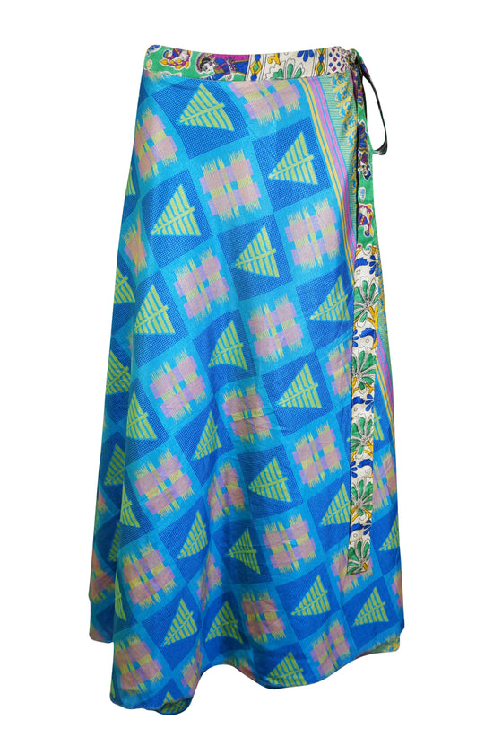 Women Green Tribal Printed Silk sari wrap skirt Gift One size