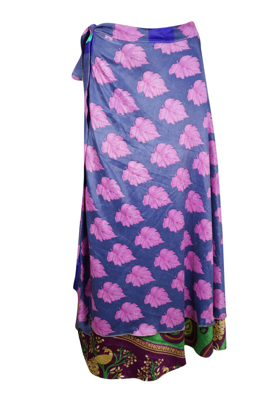 Women Boho Orchid Purple Leaf Printed Silk sari wrap skirt Gift One size