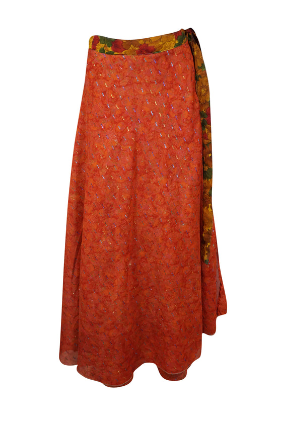 Boho Wrap skirt, Vivid Orange  Floral Layers Wrap Skirts One Size