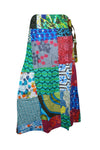 Wrap Around Skirt Cotton Multi Blue Patchwork Boho Midi Skirt Onesize