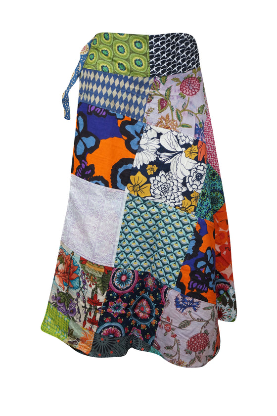 Wrap Around Skirts, Blue Multi Floral Patchwork Boho Fashion One Size