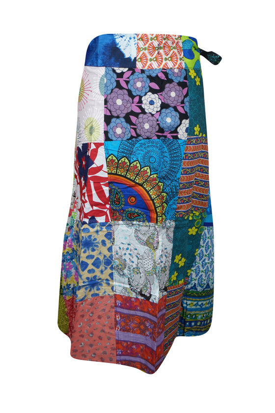 Women's Patchwork Midi Skirt Multicolor Handmade Cotton Wrap Skirt