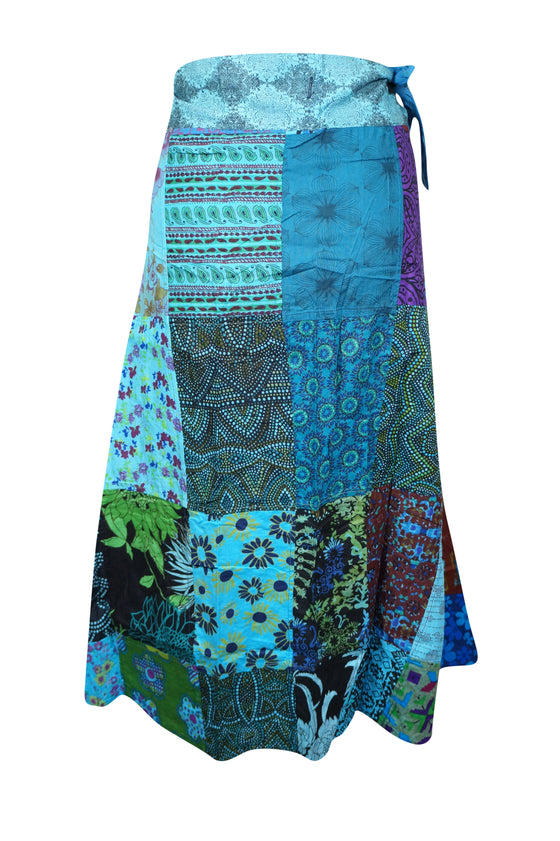 Wrap Around Skirts Cotton Carolina Blue Patchwork Boho Midiskirt Onesize