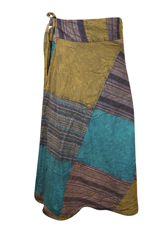 Wrap Around Skirts Cotton Green, Blue Patchwork Maxi Skirts One size