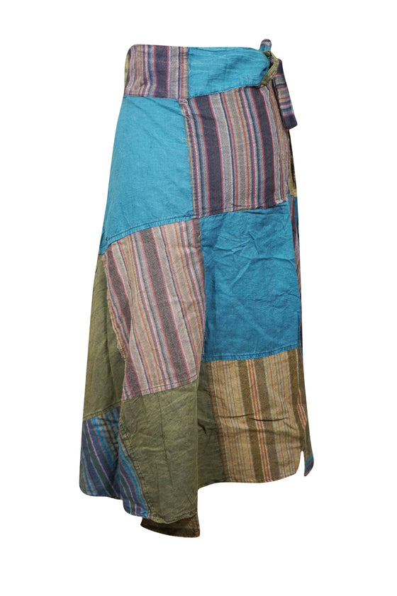 Wrap Around Skirts Cotton Blue, Green Patchwork Boho Maxi skirt XL