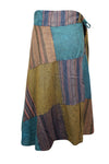 Wrap Around Skirts Cotton Olive Green Patchwork Midi Skirts One size