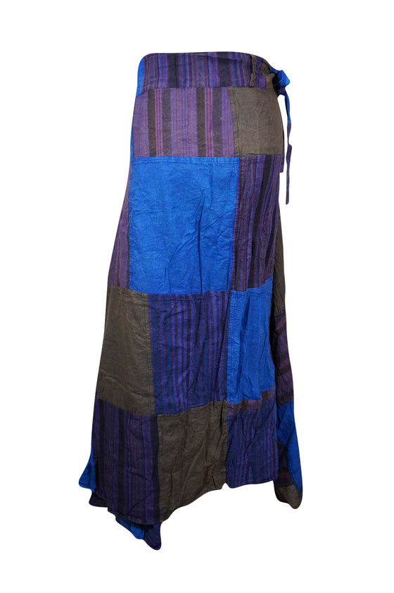 Wrap Around Skirts Cotton Cobalt Blue Patchwork Midi Skirts One size