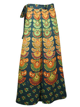 Printed wrap Skirts, Jaipuri Wrap around Green Peacock Maxi Cotton Skirt One size