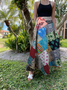  Handmade Multicolor Patchwork Wrap Maxi Skirt – Blue Floral Cotton Boho Chic One Size