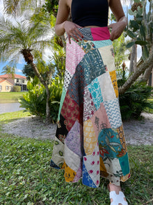  Women Handmade Multicolor Patchwork  Maxi Skirt Blue Floral Cotton Boho Chic One Size