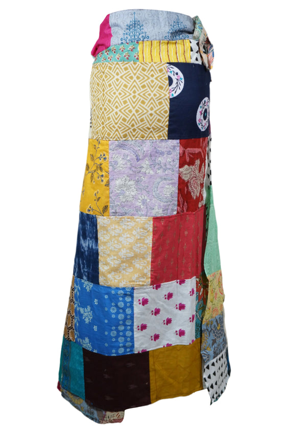 Women Handmade Multicolor Patchwork  Maxi Skirt Blue Floral Cotton Boho Chic One Size