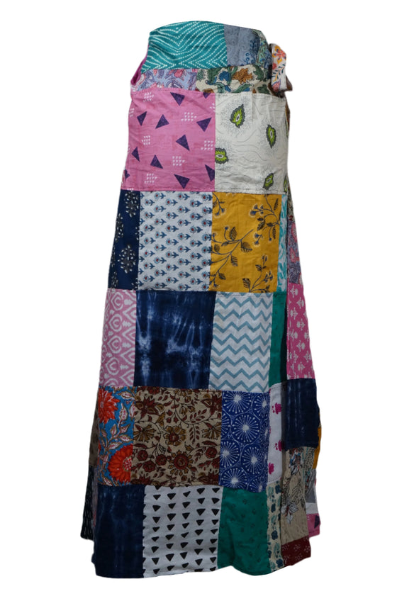 Women's Wrap Skirt Blue Multicolour Floral Cotton Patchwork Design Skirt One-Size