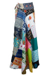 Women Blue Multicolor Floral Patchwork Cotton Wrap Skirt Boho-Chic Onesize