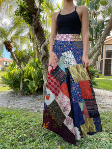  Women Stylish Blue Multicolor Floral Skirt Patchwork Bohemian Cotton Wrap Skirt One size