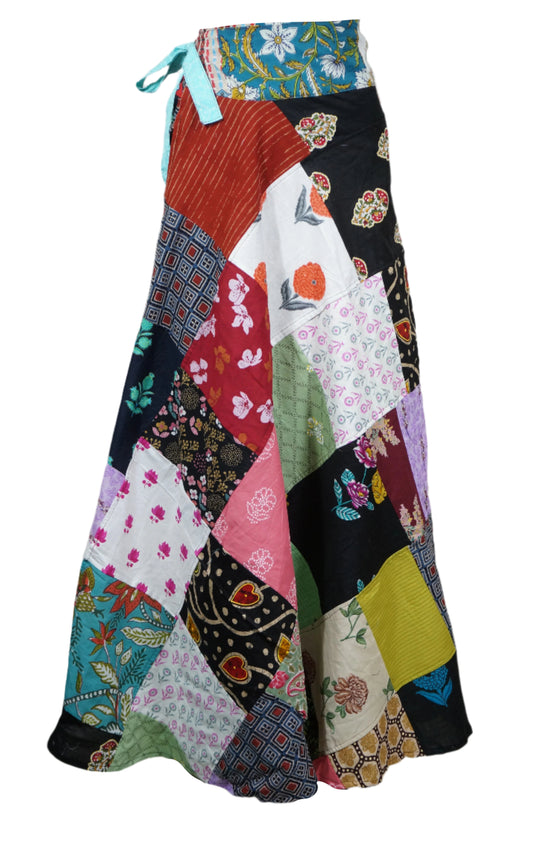 Hippie Skirt Rose Red Floral Patchwork Cotton Long Wrap Skirt