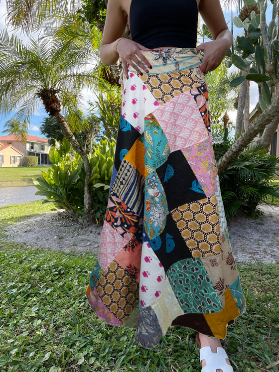 Hippie Skirt Pink Floral Cotton Patchwork Long Wrap Around Skirt