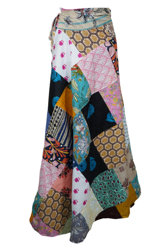 Hippie Skirt Pink Floral Cotton Patchwork Long Wrap Around Skirt