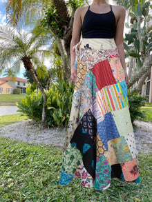  Women Long Length Skirt for Summer in Colorful Patchwork in Red Cotton