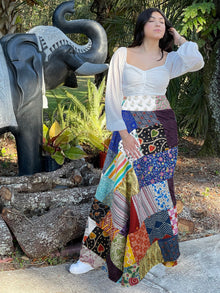  Women Long Length Skirt for Summer in Multicolour Patchwork in Blue Cotton