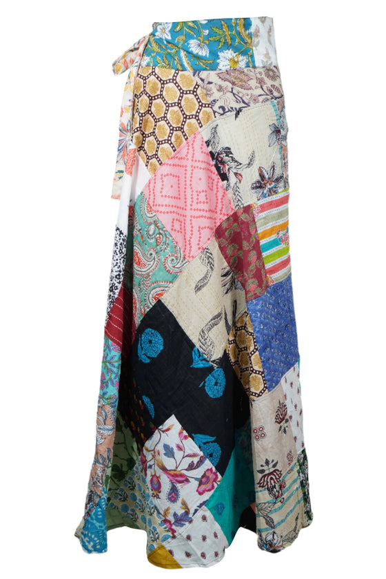 Long Boho Patchwork Wrap Around Skirt in Blue in Pink Cotton