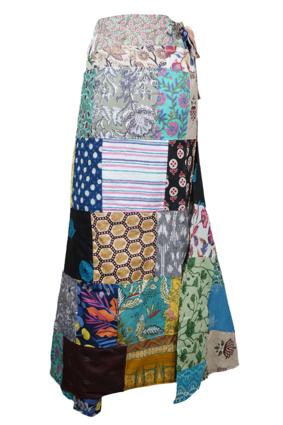 Women Summer Sky Blue Patchwork Boho Wrap Around Skirt