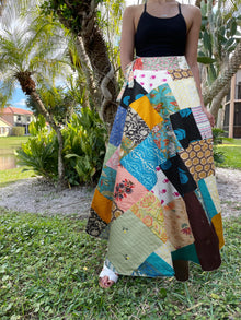  Women Maxi Multicolor Boho Patchwork Wrap Skirt in Blue Cotton