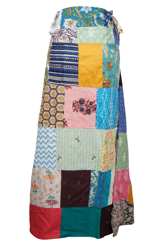 Women Maxi Skirt Multicolor Boho Patchwork Wrap Skirt in Soft Cotton