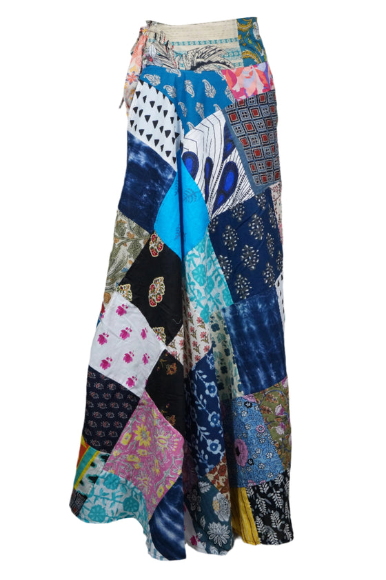 Hippie Skirt Azure Blue Floral Cotton Patchwork Long Wrap Around Skirt