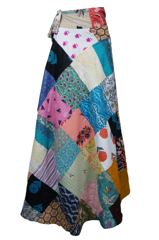 Women Hippie Summer Sky Blue Patchwork Boho Wrap Around Skirt