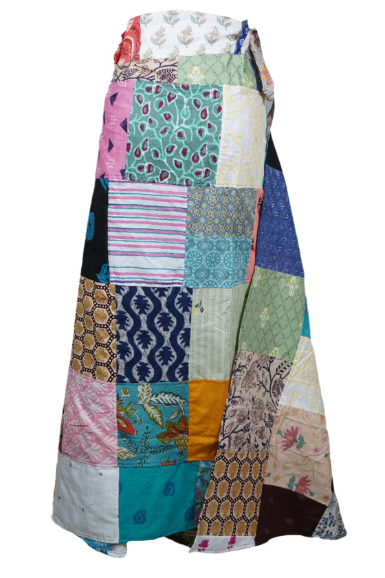 Women Hippie Summer Sky Blue Patchwork Boho Wrap Around Skirt