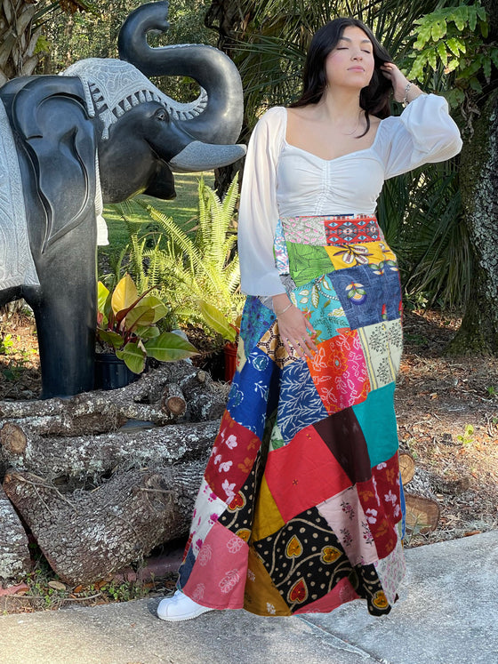 Women Long Length Skirt for Summer in Colorful Patchwork in Red Cotton