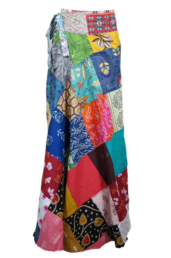 Women Long Length Skirt for Summer in Colorful Patchwork in Red Cotton