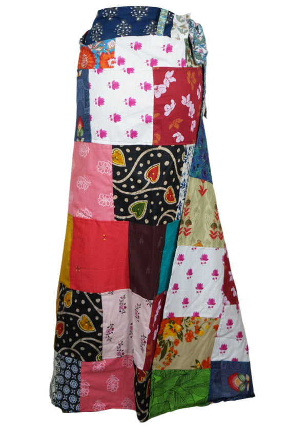 Women Long Length Skirt for Summer in Colorful Patchwork in Red Cotton