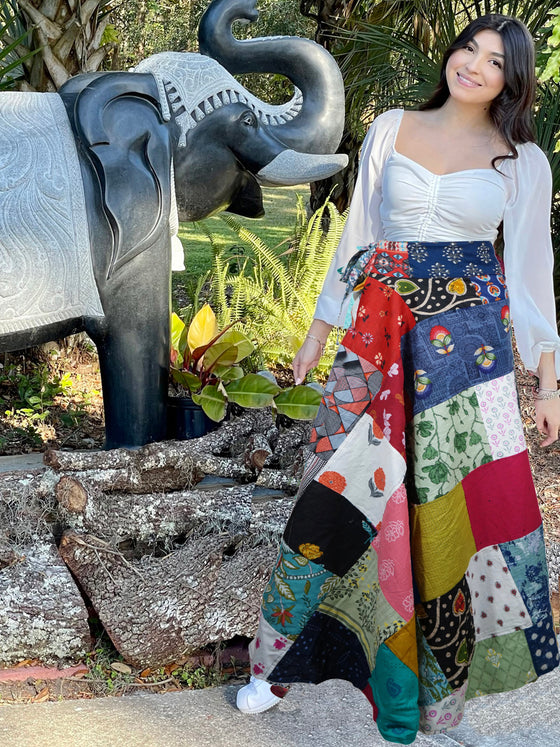 Long Boho Patchwork Wrap Around Skirt in Red in Blue Cotton